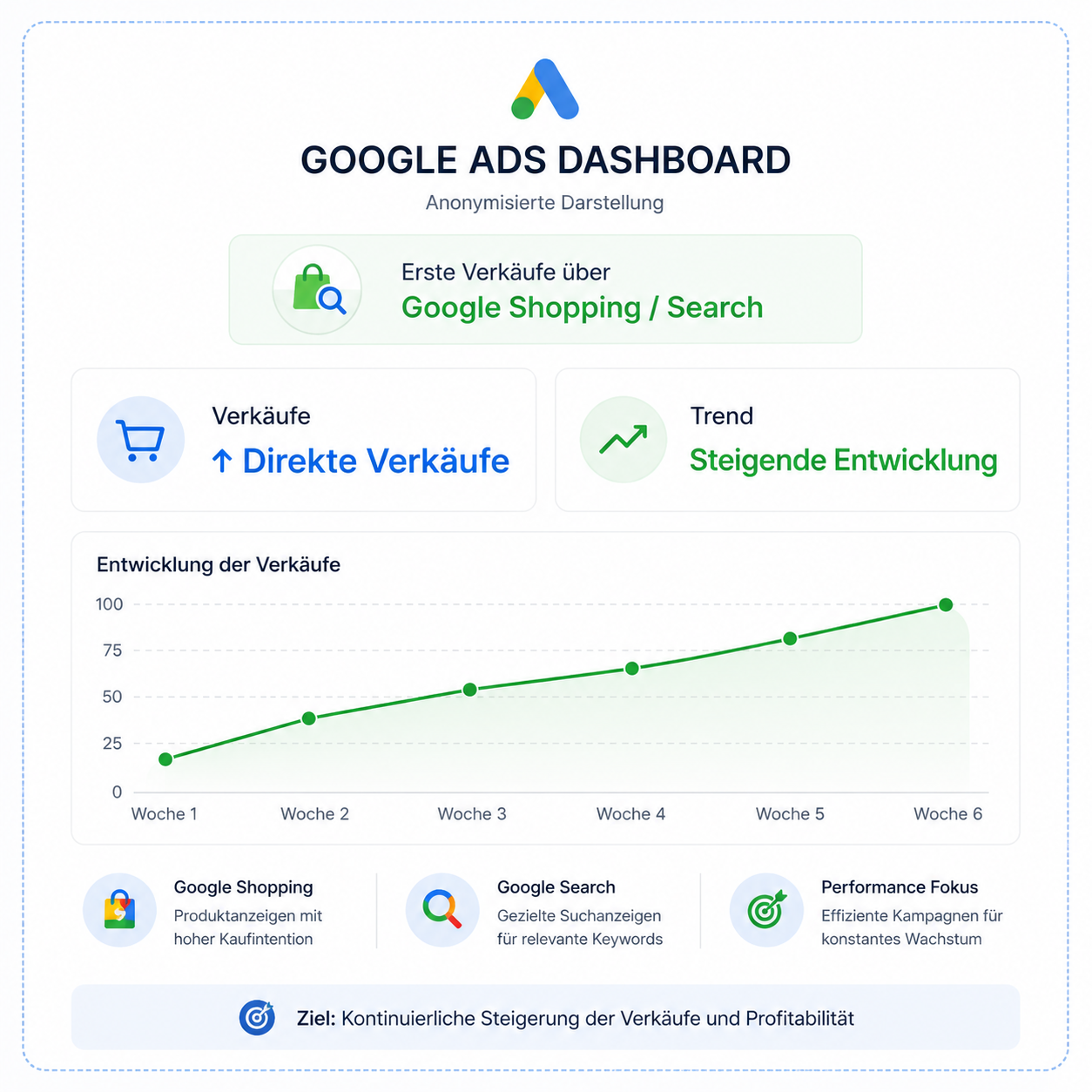 Google Ads Dashboard — anonymisierte Darstellung: erste Verkäufe über Google Shopping / Search